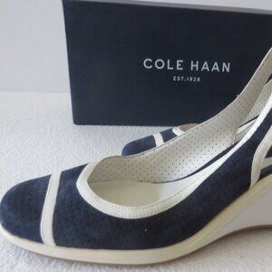 Cole Haan Womens Navy/White Suede Sling back Wedge Nike Air Size 8.0 M